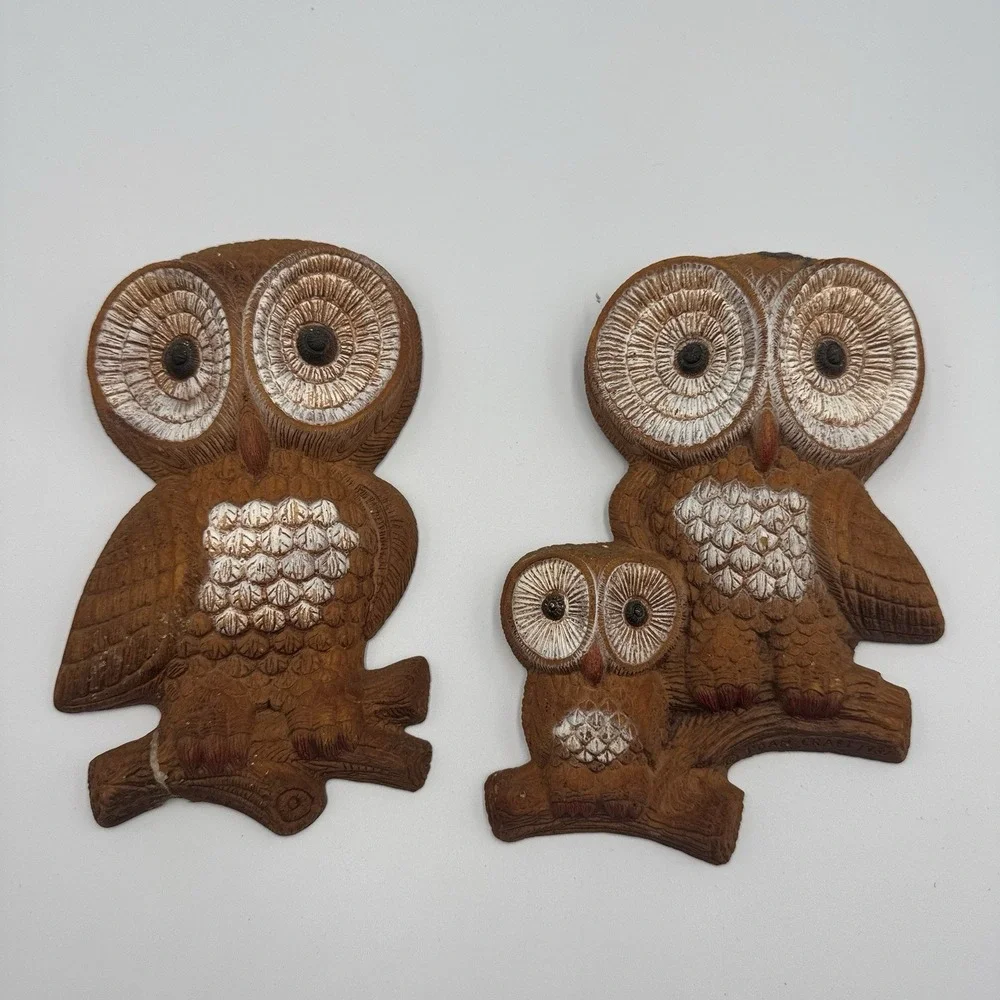 Vintage 1981 Foam Craft Owl Wall Plaques Set of 2 Brown Retro Kitsch Decor